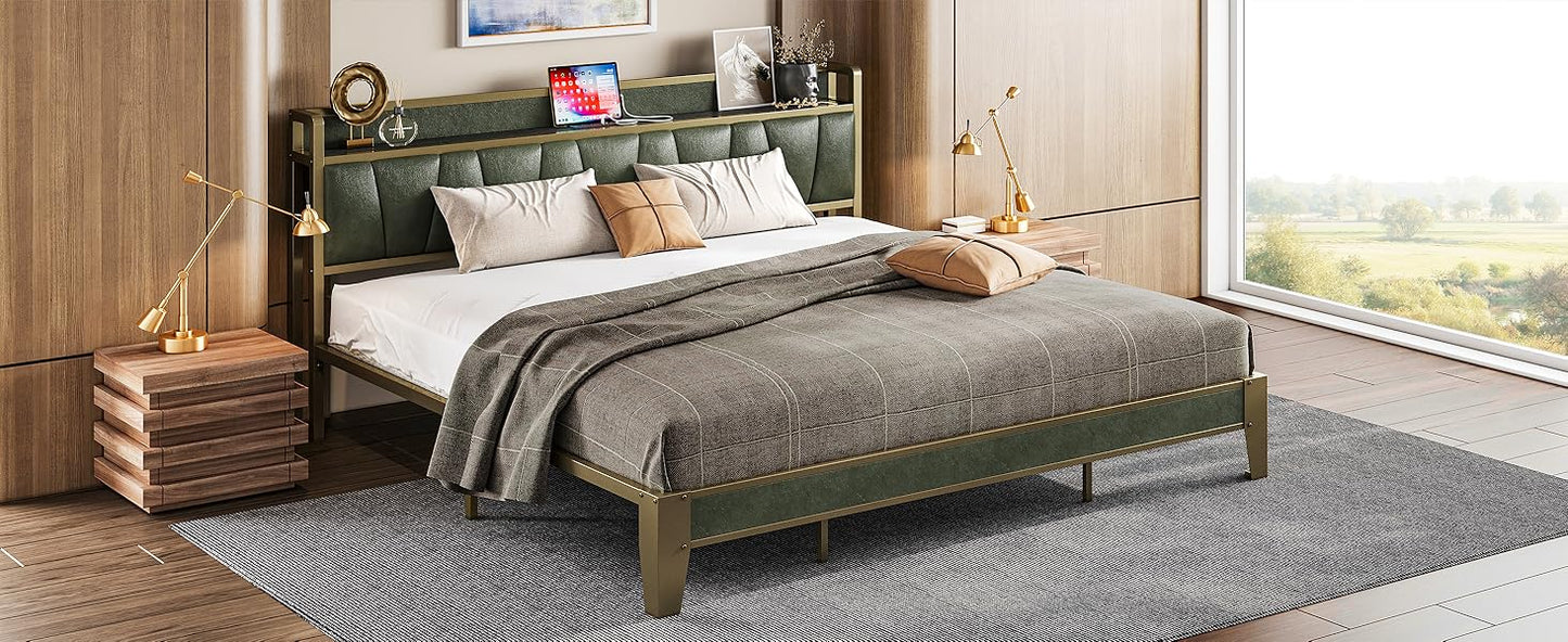 A New Bed Frame - Storage Headboard with Charging Station - No Box Spring Needed - Dark Green
