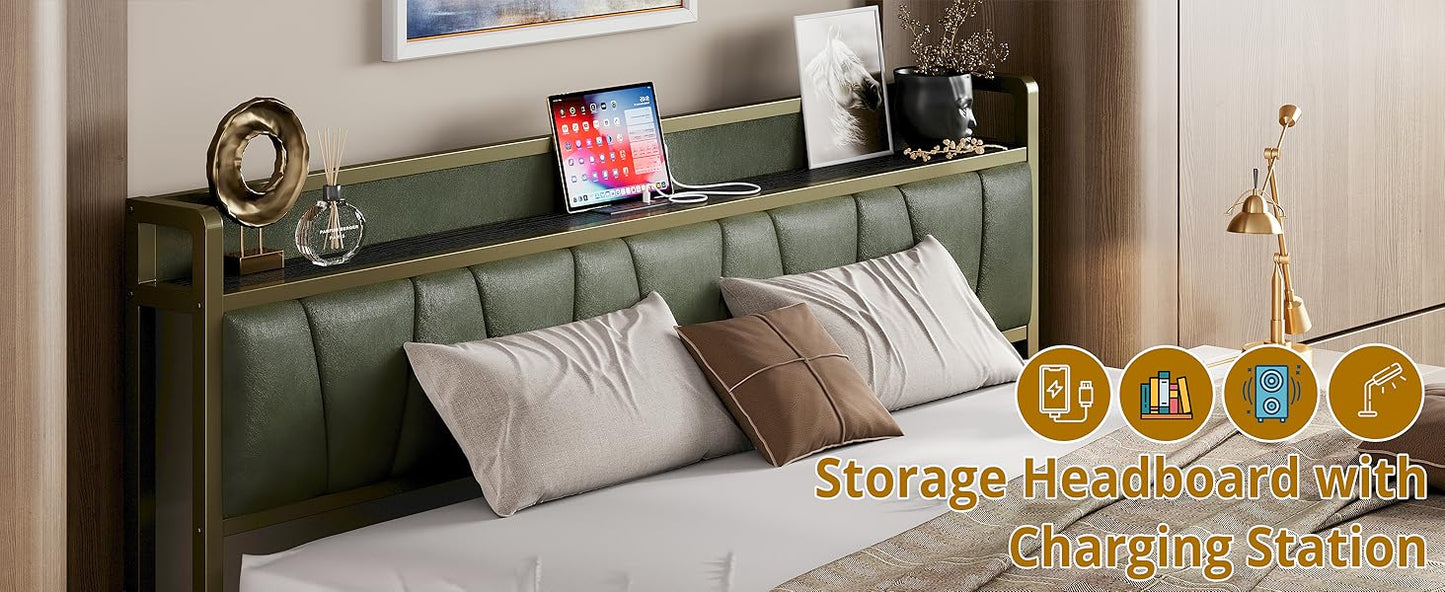 A New Bed Frame - Storage Headboard with Charging Station - No Box Spring Needed - Dark Green