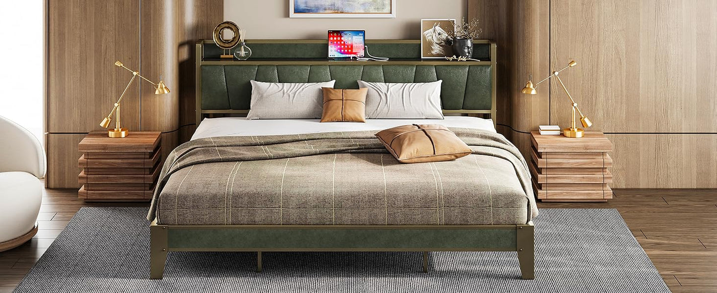 A New Bed Frame - Storage Headboard with Charging Station - No Box Spring Needed - Dark Green