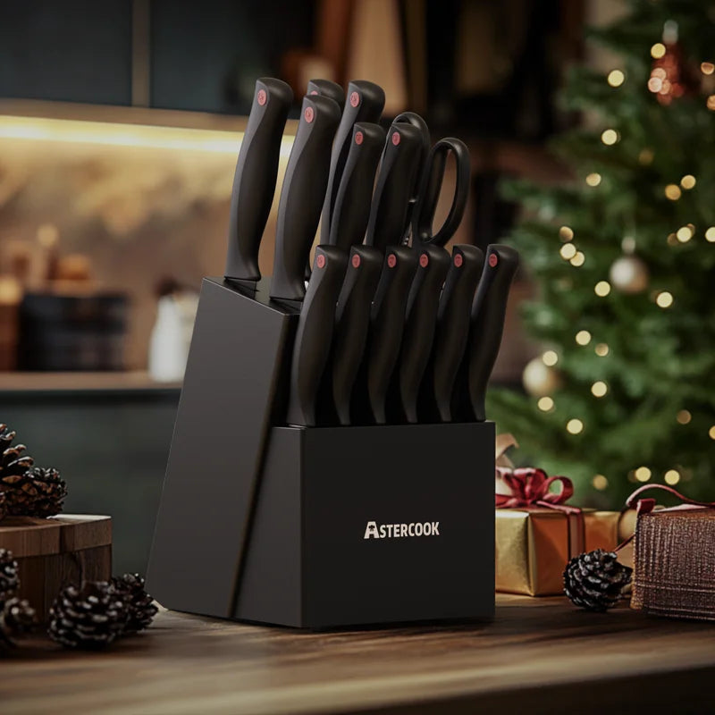 15PCS Astercook Knife Set - Built In Sharpener Block - German Stainless Steel - Dishwasher Safe