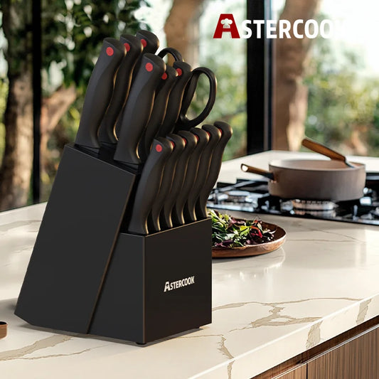15PCS Astercook Knife Set - Built In Sharpener Block - German Stainless Steel - Dishwasher Safe