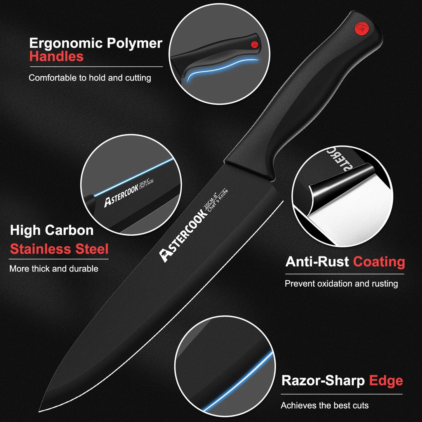 15PCS Astercook Knife Set - Built In Sharpener Block - German Stainless Steel - Dishwasher Safe