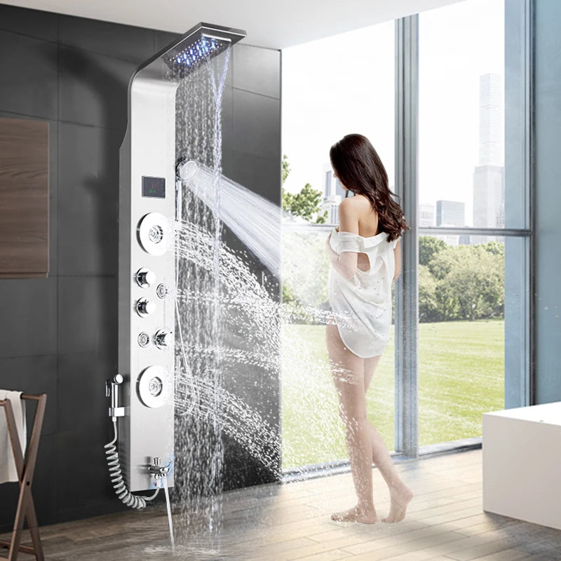 Luxury Bathroom Shower Faucet - LED Rainfall Shower Panel System - Massage Spa, Temperature w/Screen