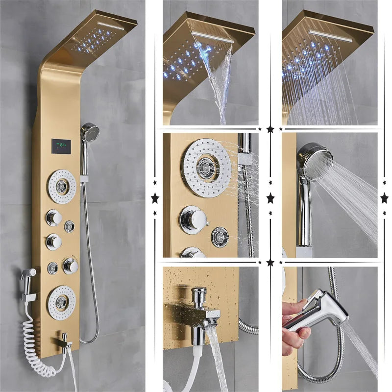 Luxury Bathroom Shower Faucet - LED Rainfall Shower Panel System - Massage Spa, Temperature w/Screen