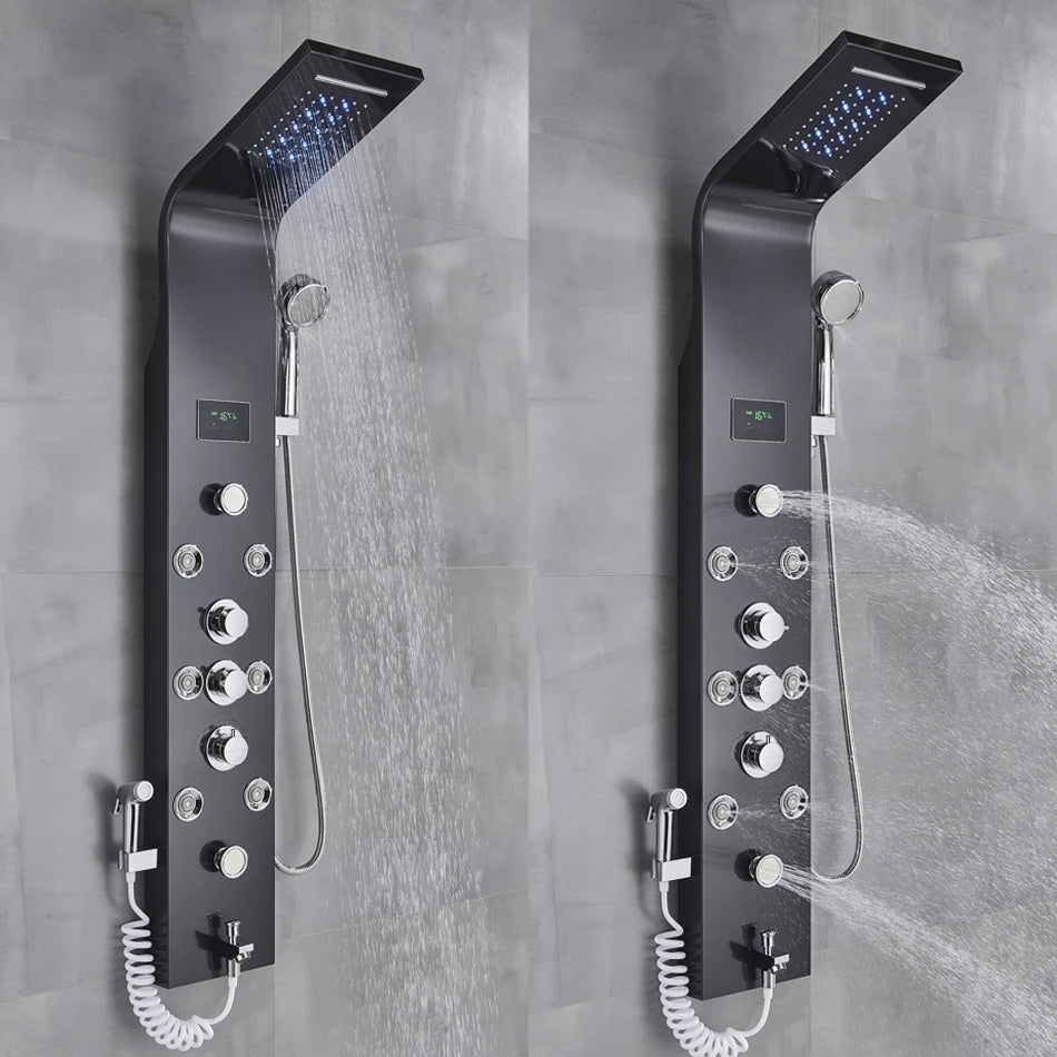 Luxury Bathroom Shower Faucet - LED Rainfall Shower Panel System - Massage Spa, Temperature w/Screen