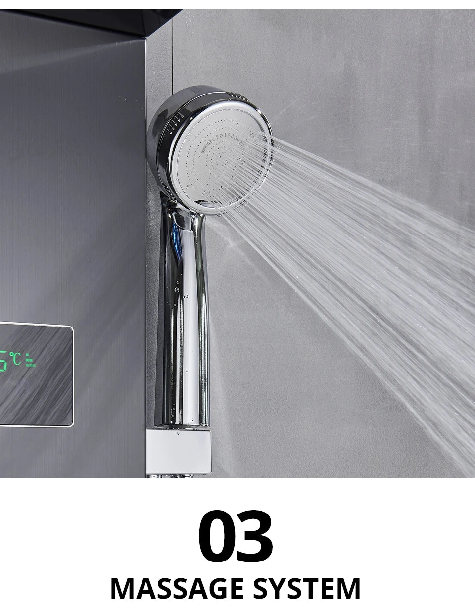Luxury Bathroom Shower Faucet - LED Rainfall Shower Panel System - Massage Spa, Temperature w/Screen