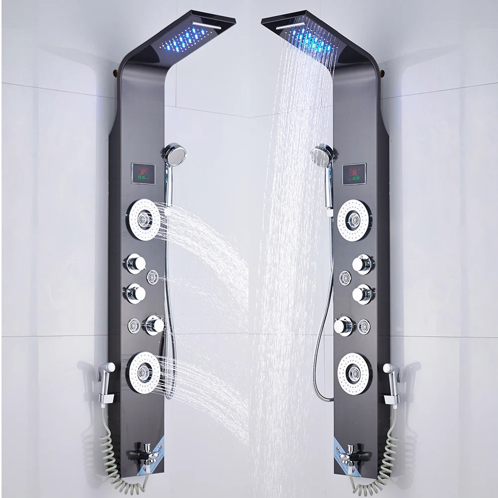 Luxury Bathroom Shower Faucet - LED Rainfall Shower Panel System - Massage Spa, Temperature w/Screen