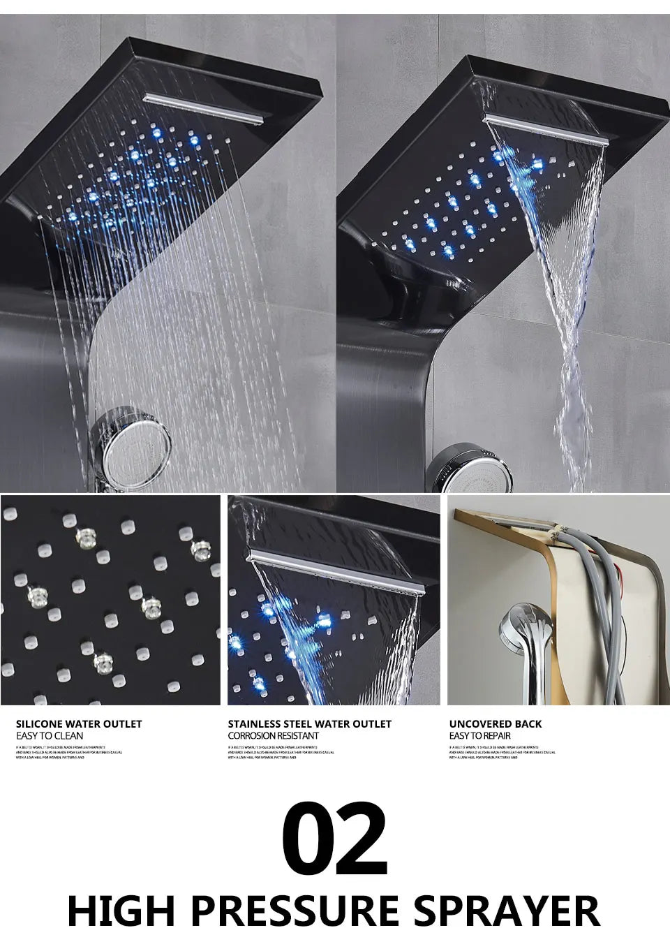Luxury Bathroom Shower Faucet - LED Rainfall Shower Panel System - Massage Spa, Temperature w/Screen
