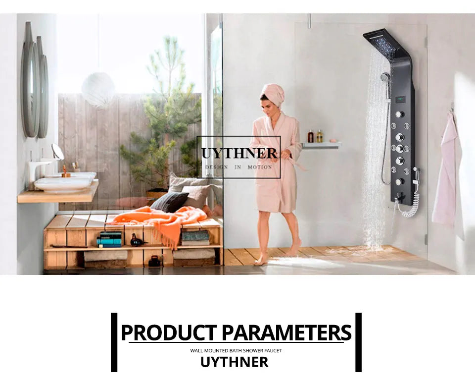 Luxury Bathroom Shower Faucet - LED Rainfall Shower Panel System - Massage Spa, Temperature w/Screen