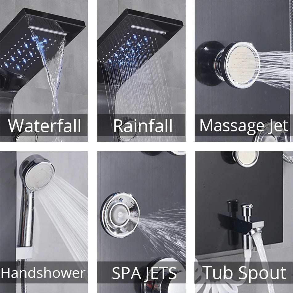 Luxury Bathroom Shower Faucet - LED Rainfall Shower Panel System - Massage Spa, Temperature w/Screen