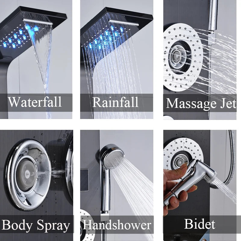 Luxury Bathroom Shower Faucet - LED Rainfall Shower Panel System - Massage Spa, Temperature w/Screen