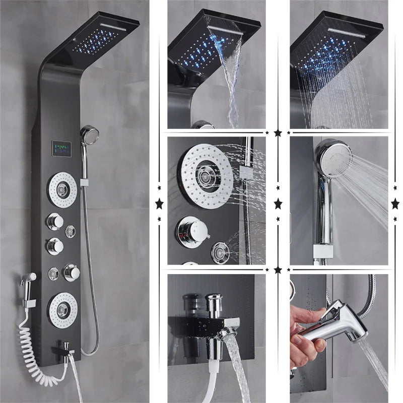 Luxury Bathroom Shower Faucet - LED Rainfall Shower Panel System - Massage Spa, Temperature w/Screen