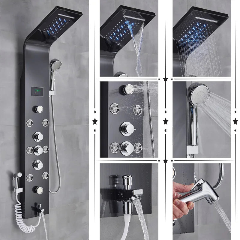Luxury Bathroom Shower Faucet - LED Rainfall Shower Panel System - Massage Spa, Temperature w/Screen
