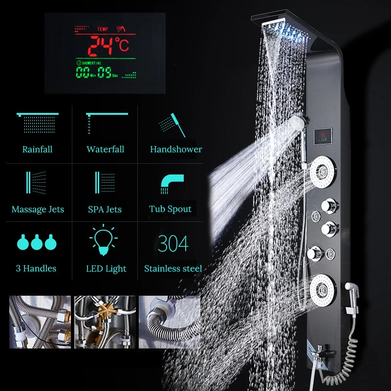 Luxury Bathroom Shower Faucet - LED Rainfall Shower Panel System - Massage Spa, Temperature w/Screen