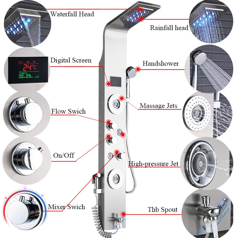 Luxury Bathroom Shower Faucet - LED Rainfall Shower Panel System - Massage Spa, Temperature w/Screen