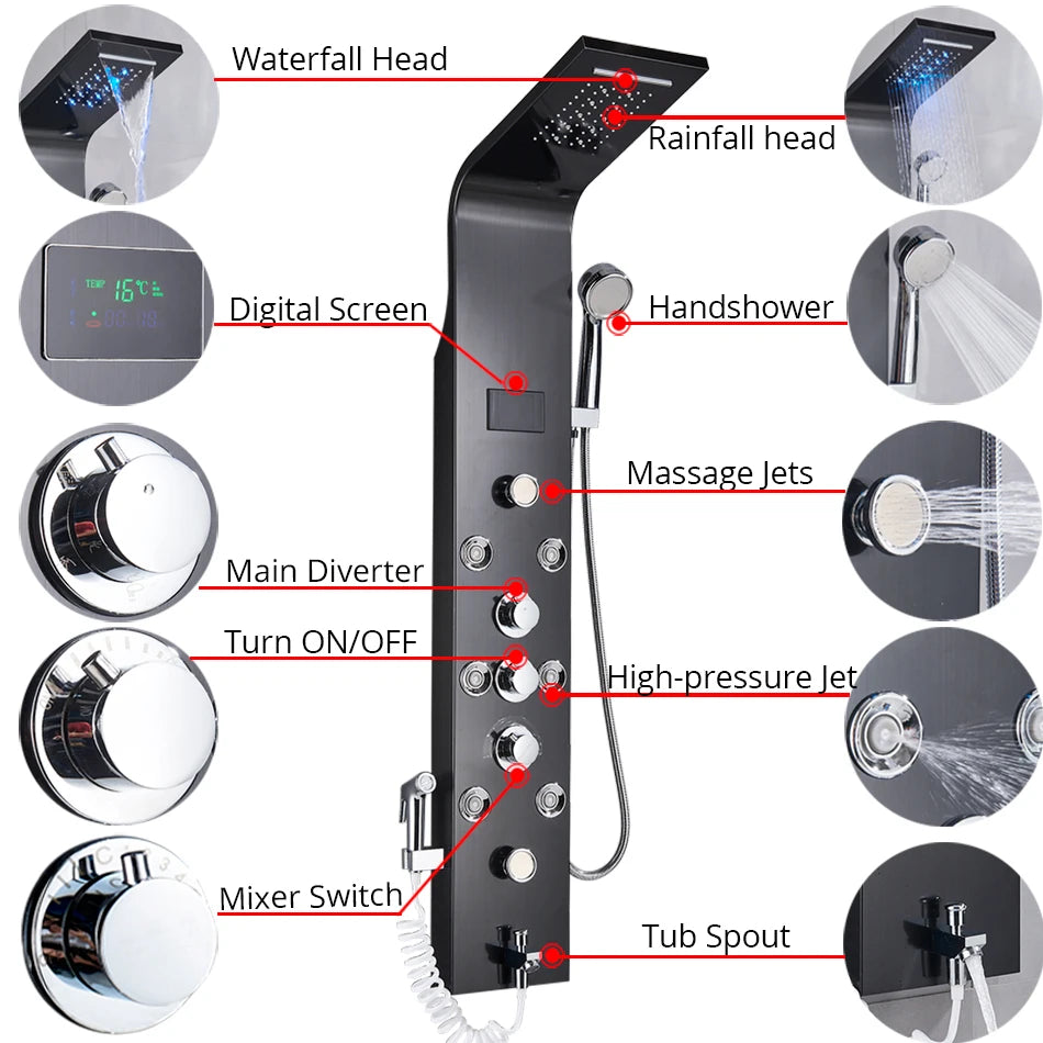 Luxury Bathroom Shower Faucet - LED Rainfall Shower Panel System - Massage Spa, Temperature w/Screen
