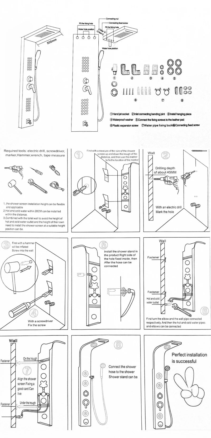 Luxury Bathroom Shower Faucet - LED Rainfall Shower Panel System - Massage Spa, Temperature w/Screen