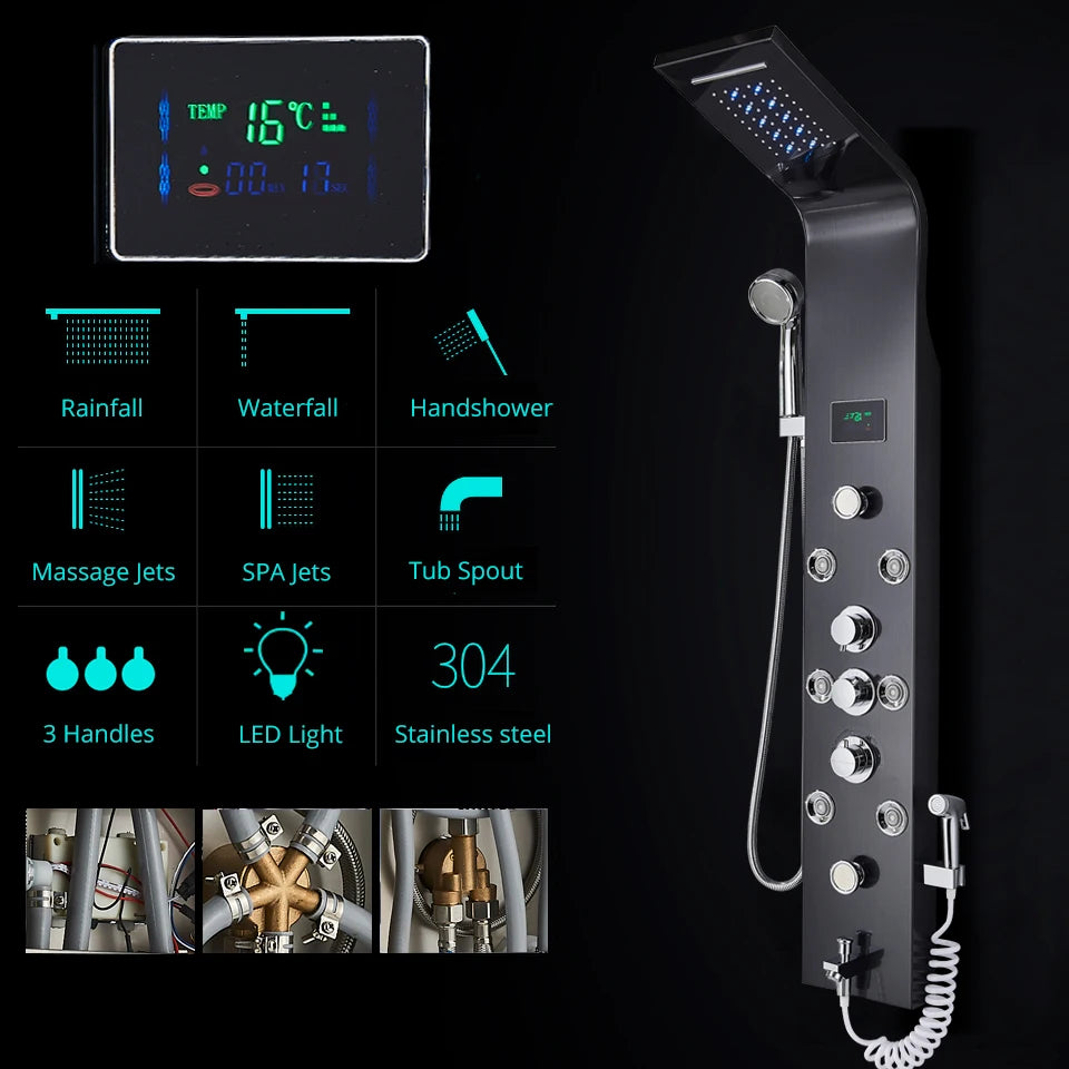 Luxury Bathroom Shower Faucet - LED Rainfall Shower Panel System - Massage Spa, Temperature w/Screen