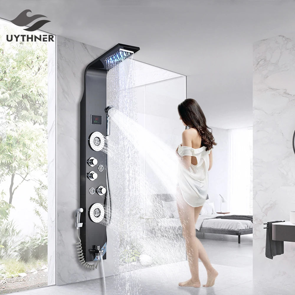 Luxury Bathroom Shower Faucet - LED Rainfall Shower Panel System - Massage Spa, Temperature w/Screen