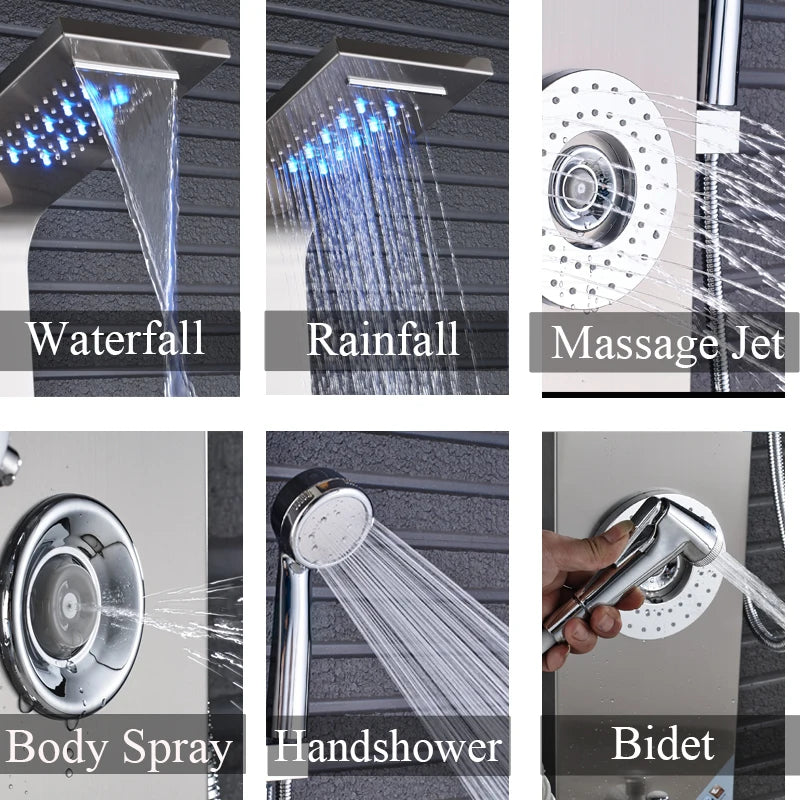 Luxury Bathroom Shower Faucet - LED Rainfall Shower Panel System - Massage Spa, Temperature w/Screen