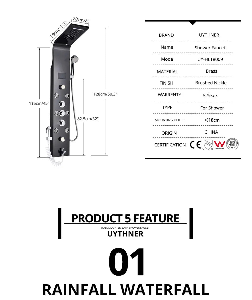 Luxury Bathroom Shower Faucet - LED Rainfall Shower Panel System - Massage Spa, Temperature w/Screen