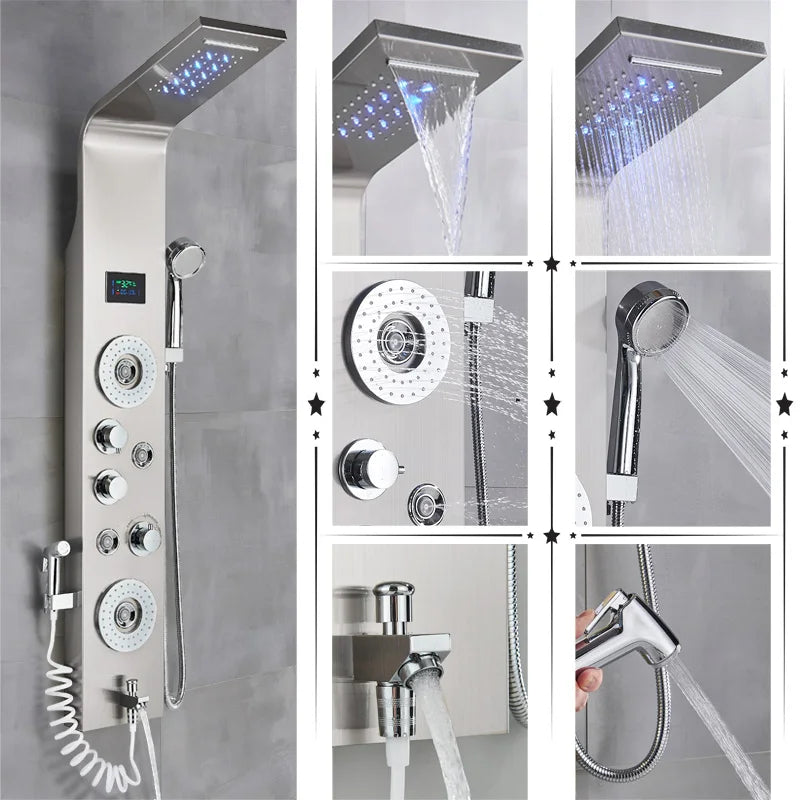 Luxury Bathroom Shower Faucet - LED Rainfall Shower Panel System - Massage Spa, Temperature w/Screen