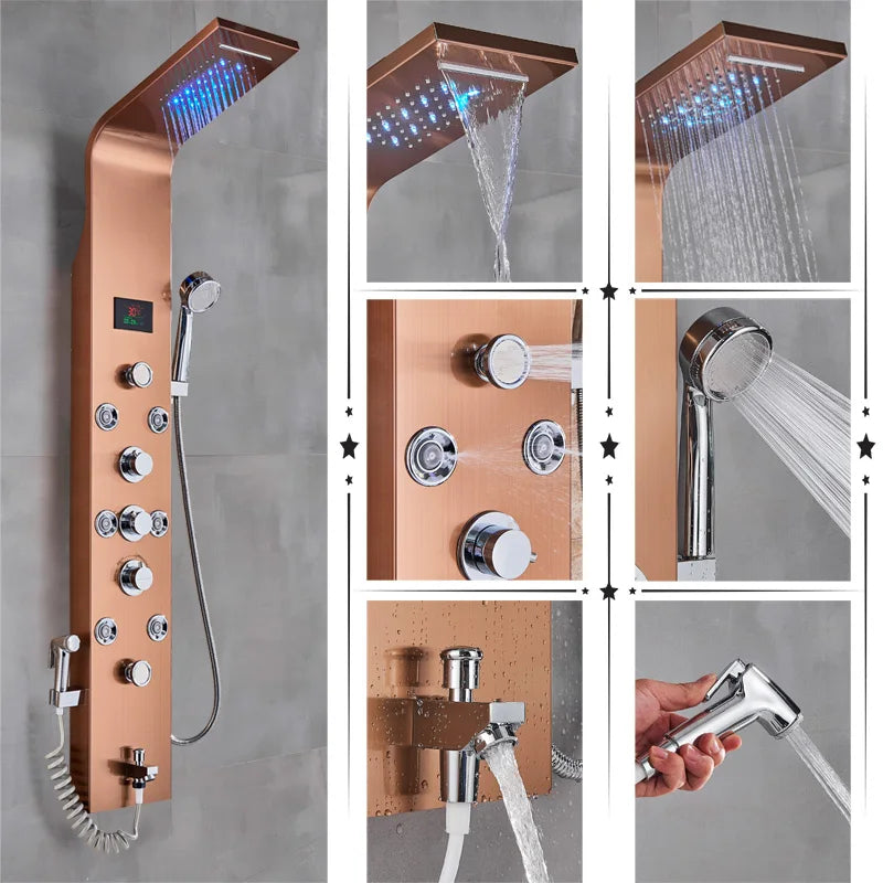 Luxury Bathroom Shower Faucet - LED Rainfall Shower Panel System - Massage Spa, Temperature w/Screen