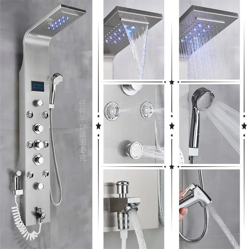 Luxury Bathroom Shower Faucet - LED Rainfall Shower Panel System - Massage Spa, Temperature w/Screen