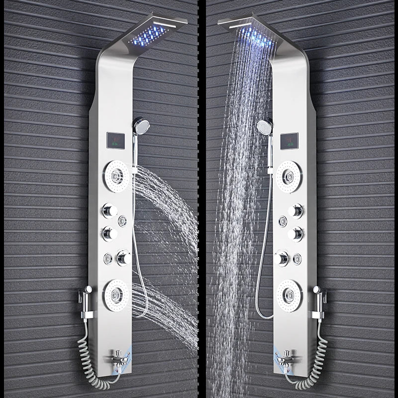Luxury Bathroom Shower Faucet - LED Rainfall Shower Panel System - Massage Spa, Temperature w/Screen