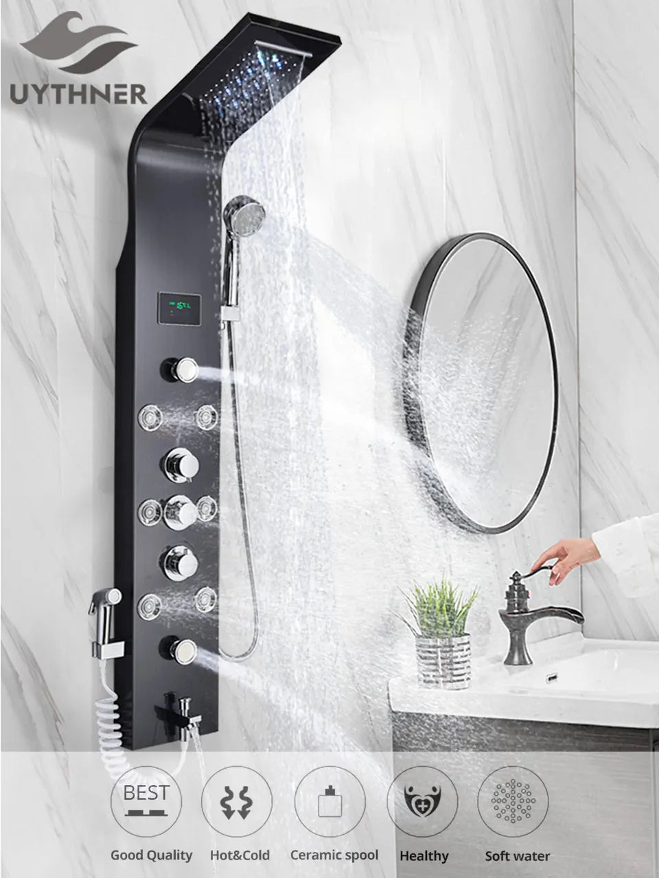Luxury Bathroom Shower Faucet - LED Rainfall Shower Panel System - Massage Spa, Temperature w/Screen