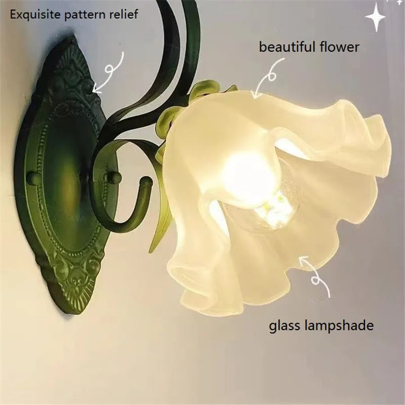 French Flower Wall Light Sconce - Moves Up & Down - Iron Base & Frosted Glass - Indoor Decoration