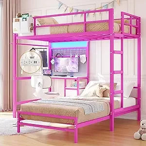 Bunk Bed Twin Over Twin with Desk and Charging Station - L-Shaped Metal Bunk Bed - Led Lights & Storage Shelves