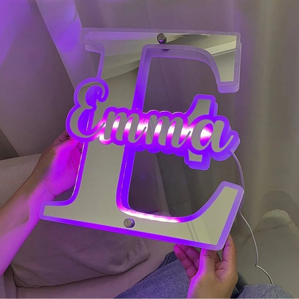 Personalized Name & Letter Mirror Light - 12 Color LED Illumination - For Any Occasion