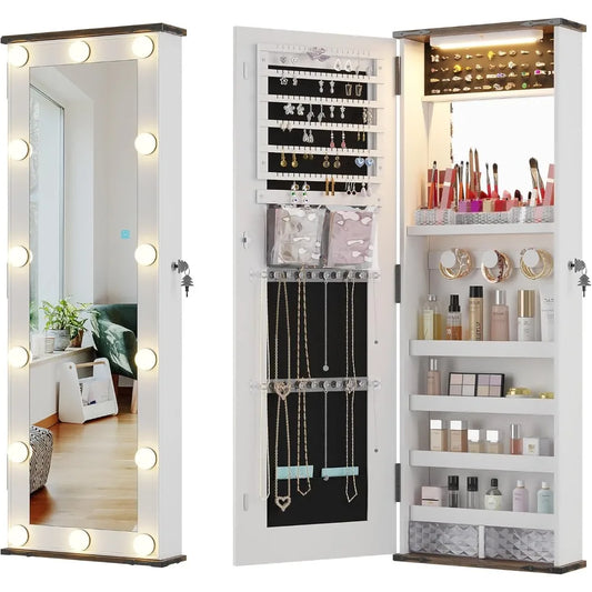 Jewelry Cabinet with LED 10 Light Bulbs - Tall Lockable Wall or Door Mounted Jewelry Armoire Organizer with Mirror - White