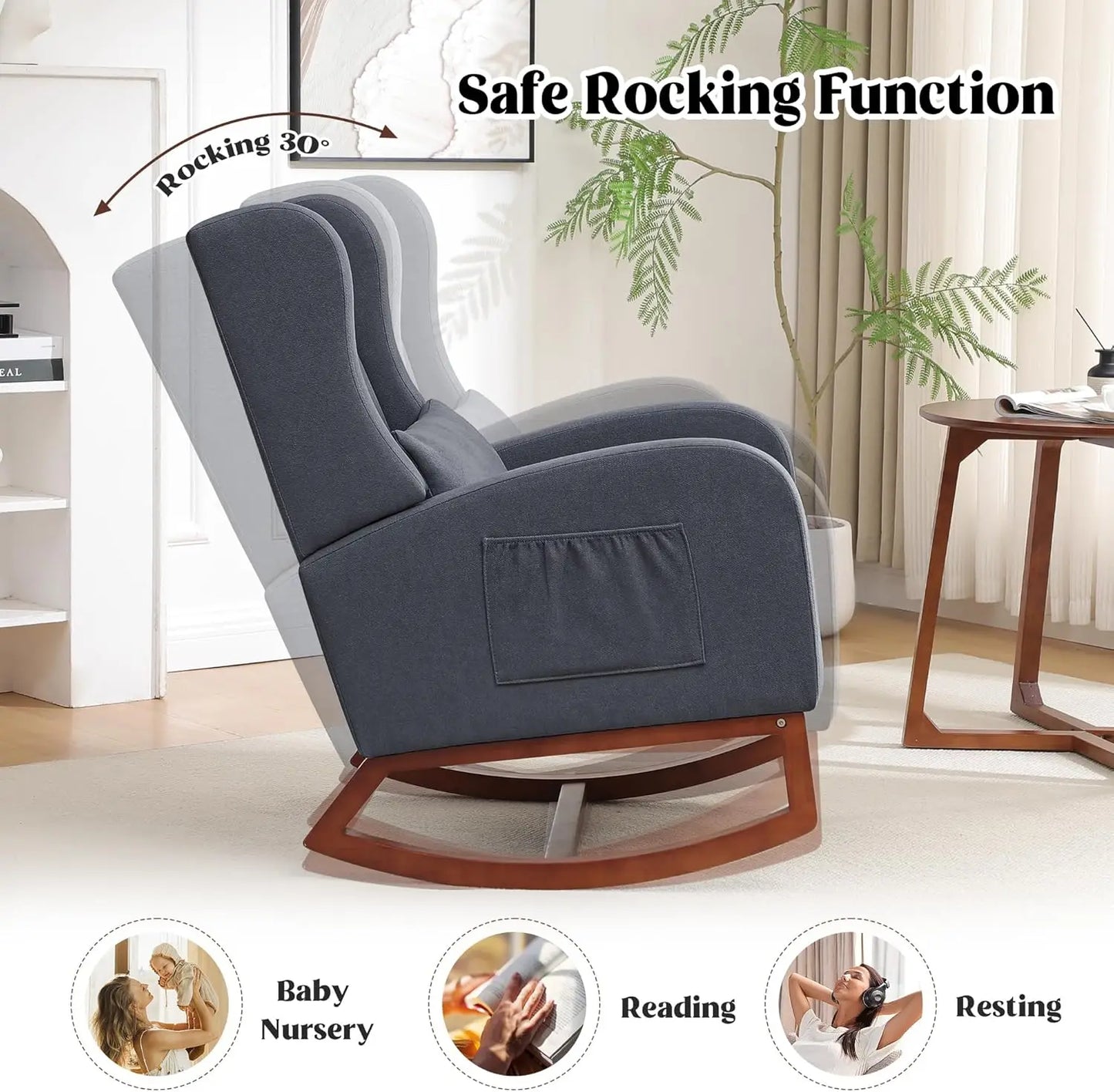 Rocking Chair with Foot Rest - Wingback Nursery Rocking Chair - Teddy Nursing Rocker Chair with Pillow