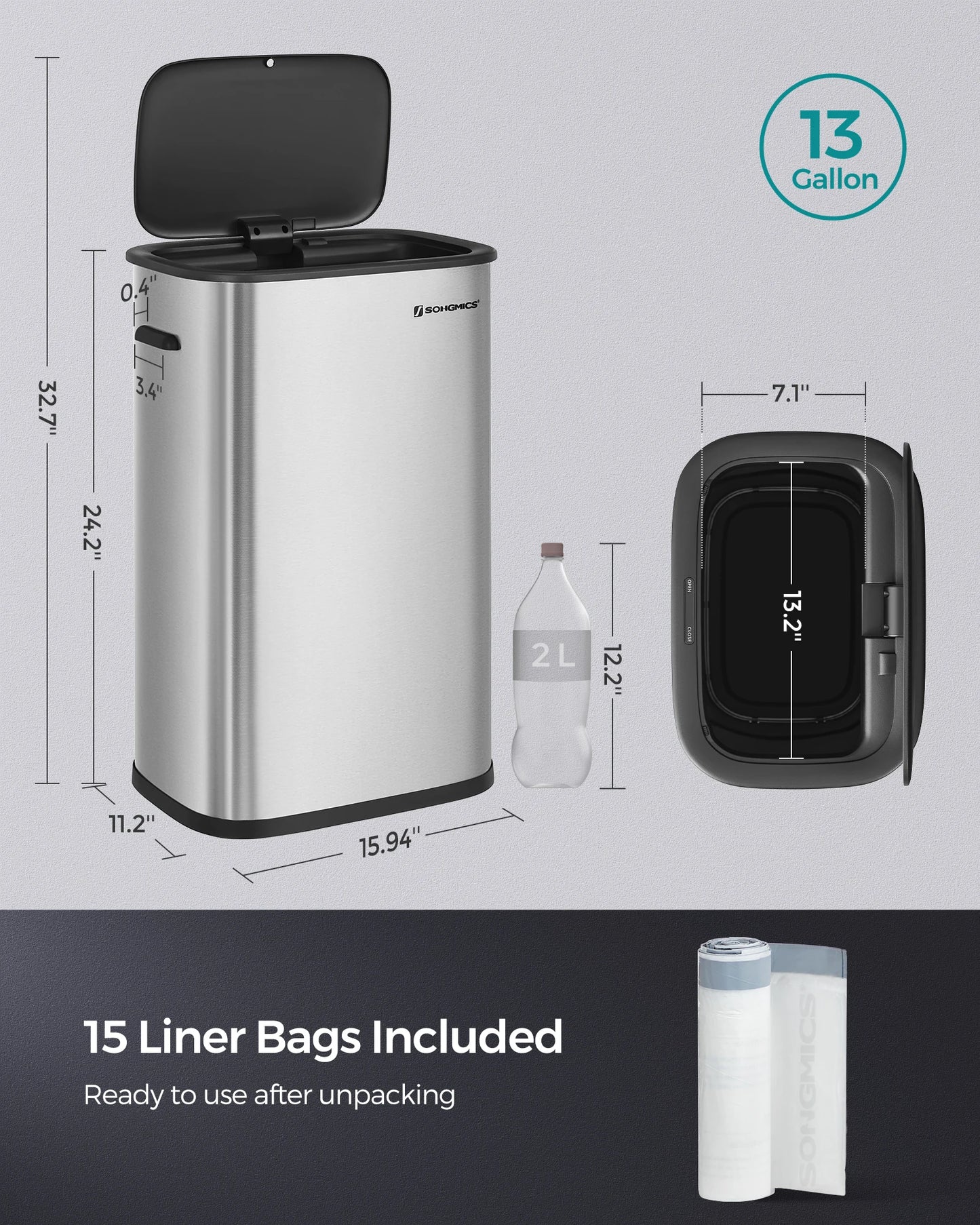 Motion Sensor Trash Can - 13 Gallon Automatic Garbage Can with Soft-Close Lid - Bag Retainer Ring - Stainless Steel