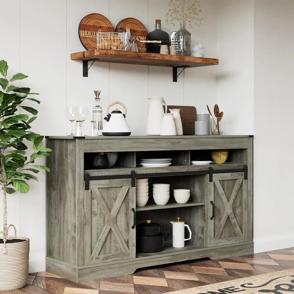 Farmhouse TV Stand for 27-65 Inch TV - Tall Entertainment Center with Storage Cabinets and Sliding Barn Doors