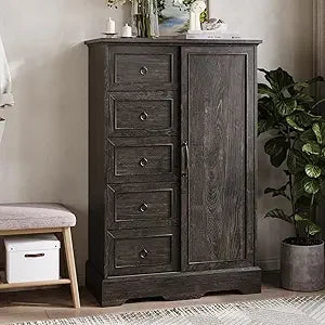 Dresser Storage Cabinet With 5 Drawers and Sliding Barn Door - 48" Tall Wood Rustic Chest for Bedroom, Kitchen Or Office