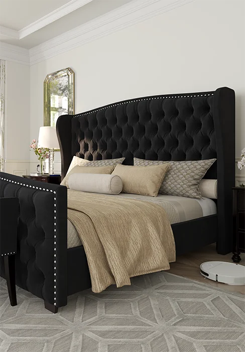 Queen Size Platform Bed Frame - Chenille Upholstered Sleigh Bed with Wingback Headboard - No Box Spring - Cream