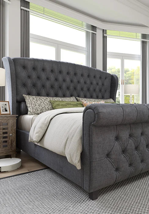 Queen Size Platform Bed Frame - Chenille Upholstered Sleigh Bed with Wingback Headboard - No Box Spring - Cream