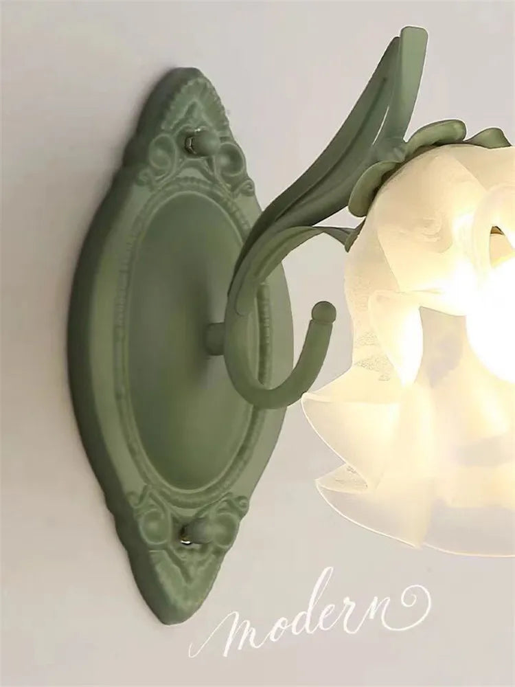 French Flower Wall Light Sconce - Moves Up & Down - Iron Base & Frosted Glass - Indoor Decoration