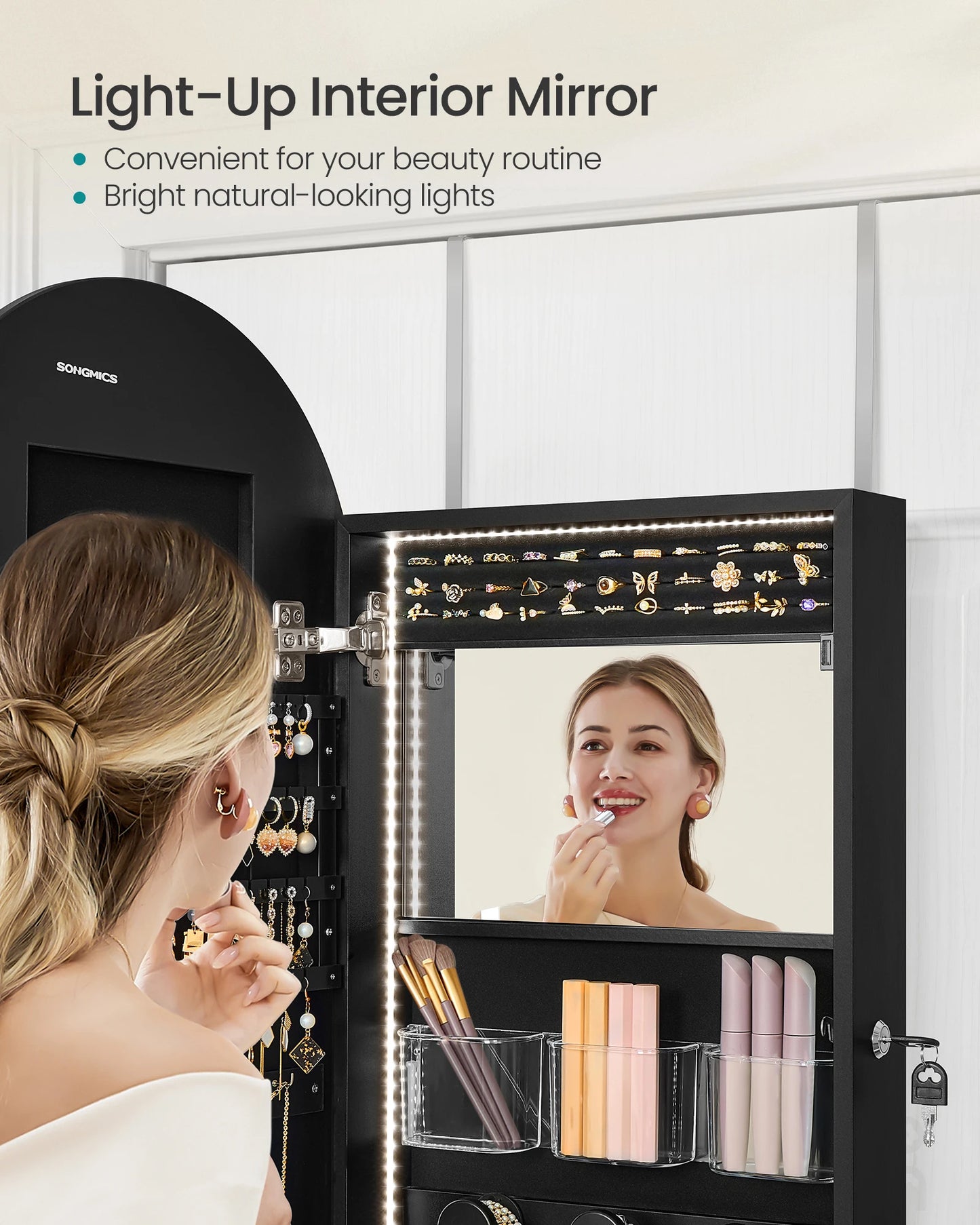 Wide Jewelry Organizer - LED Jewelry Cabinet Wall/Door Mounted - Arched Mirror with Storage - Lockable - Rounded Corner