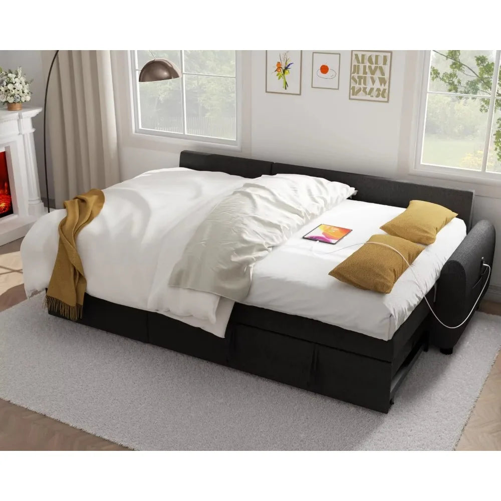 L Shaped Living Room Sectional Sofas - 87" Sleeper Sofa Bed with Side Pocket & Charging Station - Removable Backrest