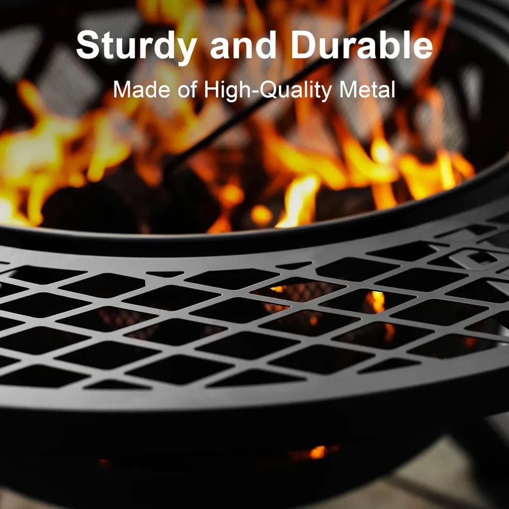 Fire Pit with Poker - 32 inch Outdoor Wood Burning Firepit with Grill