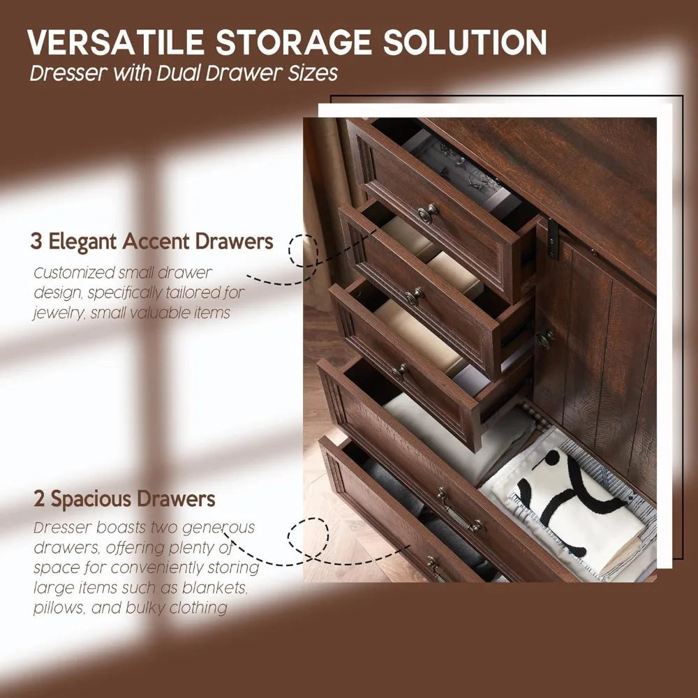 5 Drawers Dresser for Bedroom - 47" Tall Chest of Drawers w/Sliding Barn Door