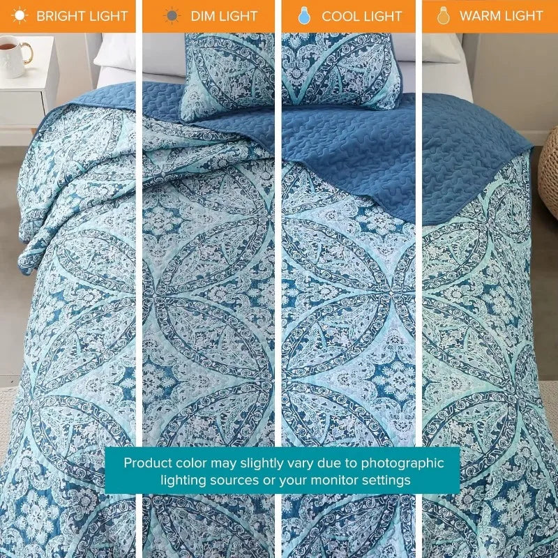 Reversible Quilt Set -Lightweight - Coverlet Bedspread Bedding - Twin/Twin XL (66 in x 90 in) - Gloria Damask Aqua & Pillow Sham