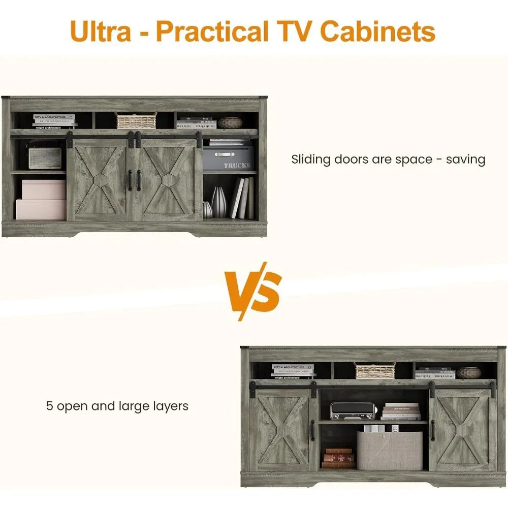 Farmhouse TV Stand for 27-65 Inch TV - Tall Entertainment Center with Storage Cabinets and Sliding Barn Doors
