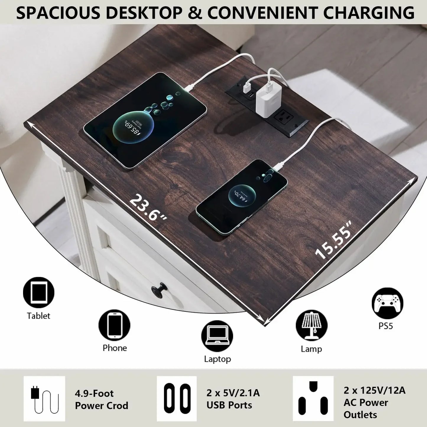26" Tall Nightstand/End Table with Charging Station - Farmhouse 23.6" Wide w/Roman Column