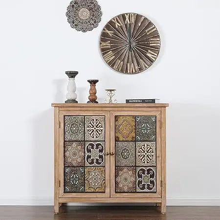 Sophia & William Accent Cabinet with 2 Doors - Distressed Storage Cabinet with Wood Frame and Checkered Patterns - Other Designs