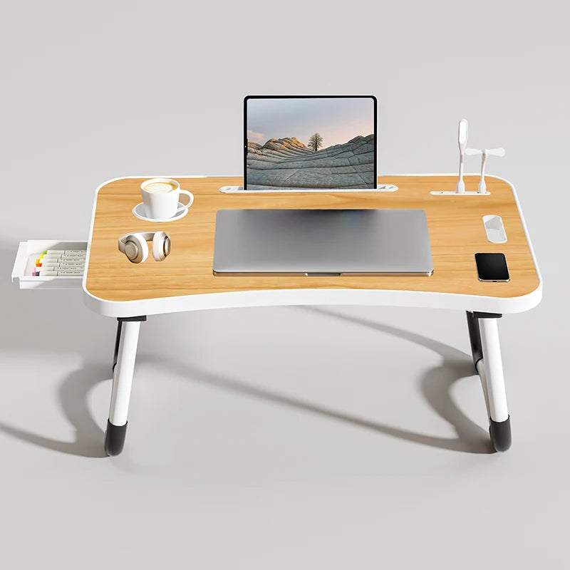 Portable Laptop Desk with USB Light, Small Fan, Cup Holder, Tablet Slot, and Lifting Handle - Foldable Laptop Table